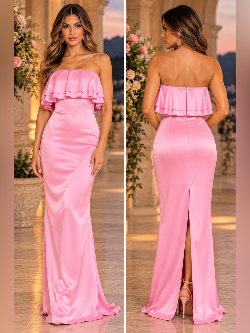 Retrofete Queenie Pink Satin Strapless Ruffled Tiered Formal Maxi Gown M NWT
